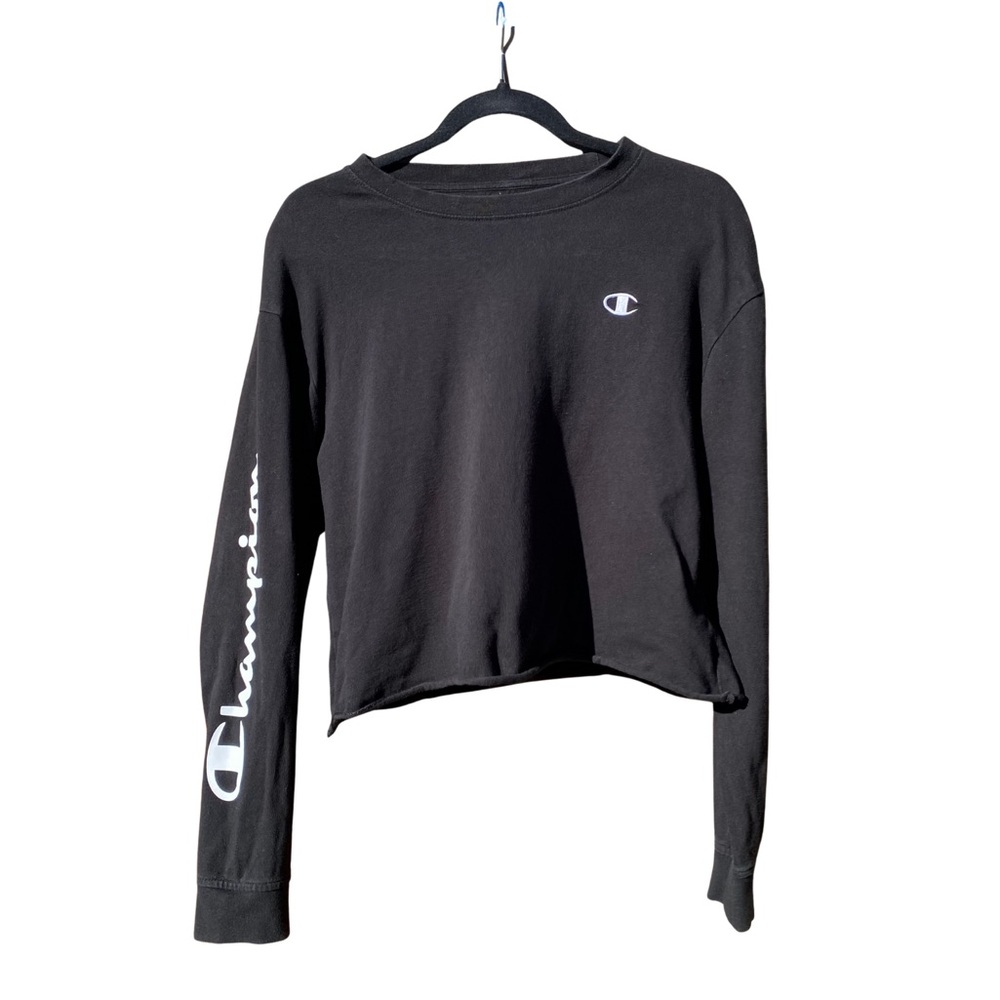Champion | Cropped Black Long Sleeve Sweatshirt with Rolled Hem